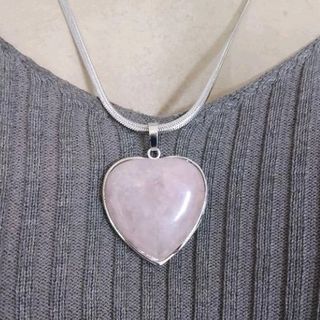 BIG Genuine Love Heart Pink Rose Quartz Stone Dangling Pendant Necklace