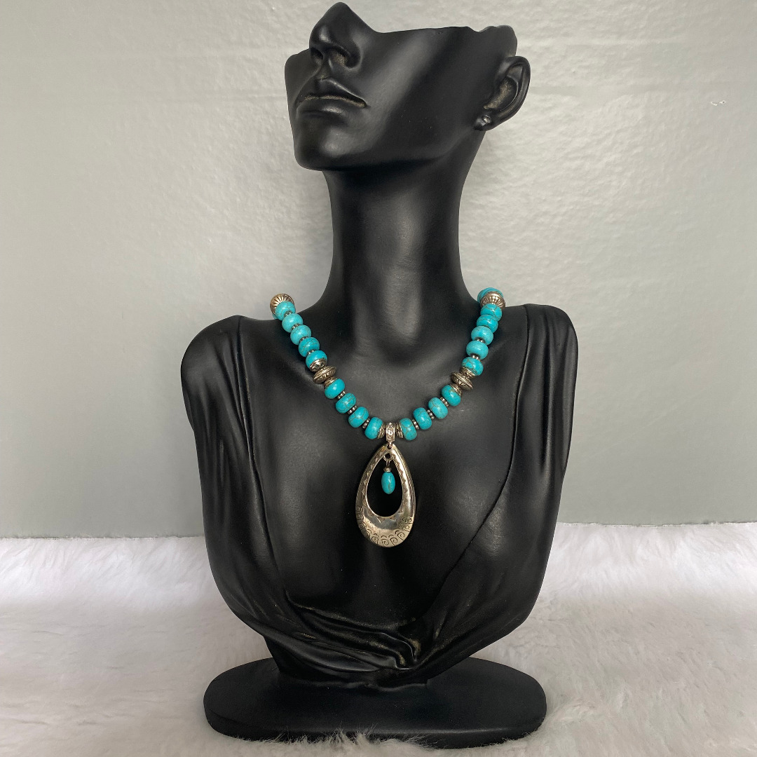 Brighton Signed Turquoise Teardrop Pendant Beaded Silver Tone