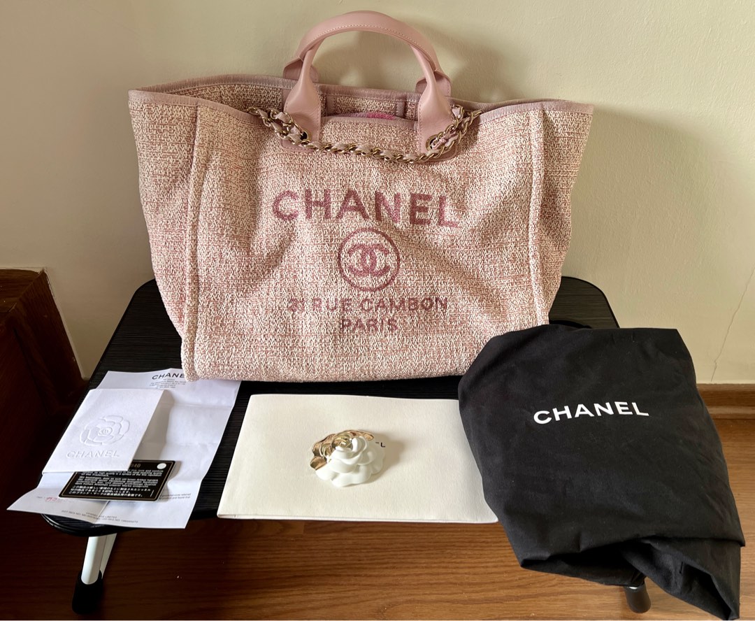 Chanel Large Deauville Tote Pink Tweed Gold Tone Hardware