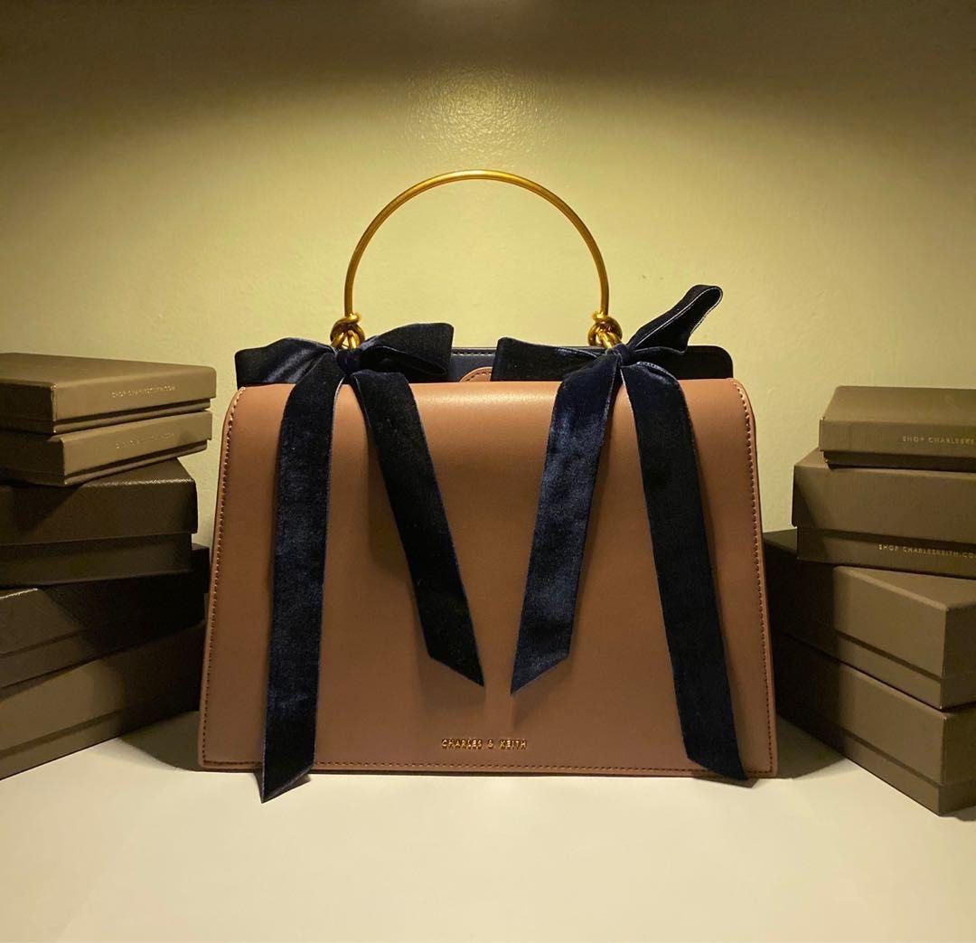 Charles and Keith Velvet Bow Top Handle Bag
