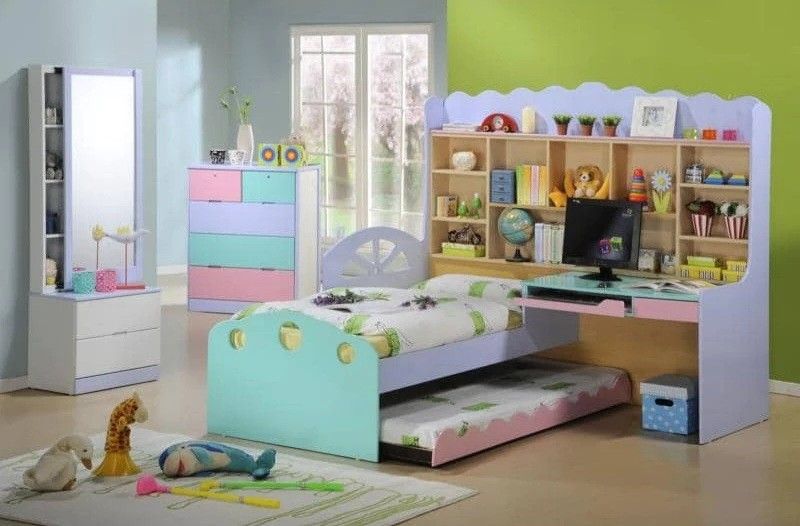 Children bunk bed frame with computer table shelf, Furniture