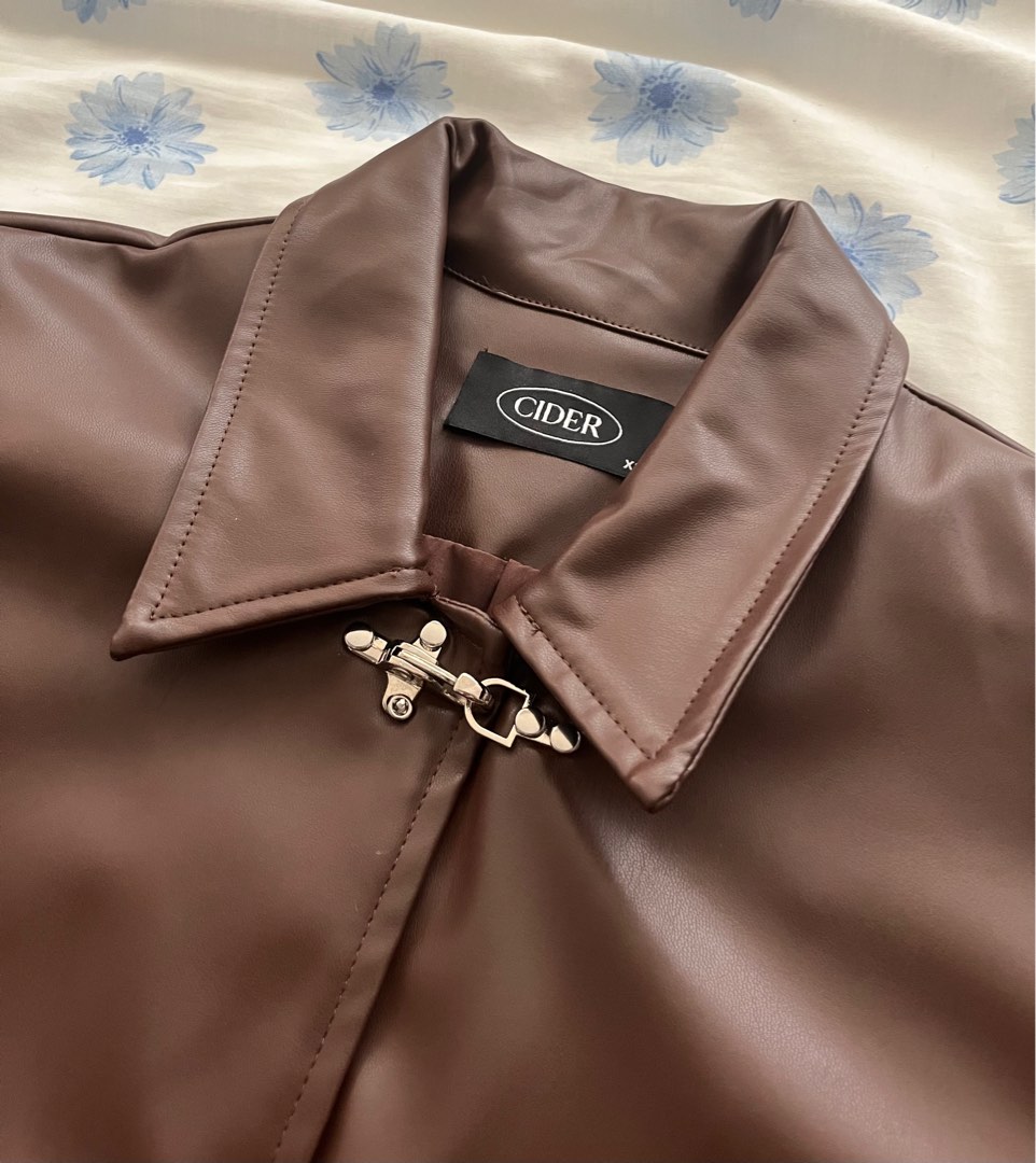 Cider Brown Leather Jacket with Silver Metal Details, 女裝, 外套及戶外衣服