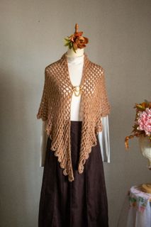 Hand crochet triangle shawl beautiful brown and scallop trim poncho vintage poncho cottage core poncho