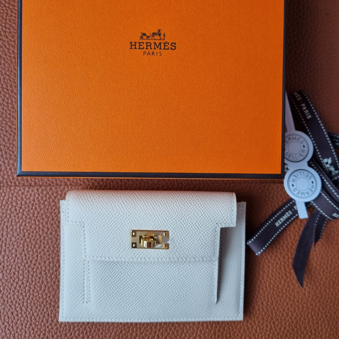 Hermes Etoupe Chevre Mysore Leather Palladium Plated Kelly Pocket Compact Wallet
