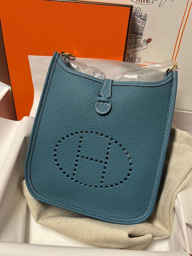 New in Box Hermes Mini Evelyne Etoupe Blue Bag