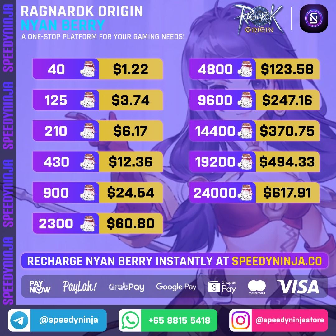 [INSTANT 24/7] Cheapest & Instant Ragnarok Origin (ROO) Nyan Berry Top Up | Top Up ROO Nyan Berry | Nyan Berry | SpeedyNinja SG (Category: In-Game Products) located in Singapore. Submitted by speedyninja (Listing ID 1121462323, Image 1). Description: (Updated as of 22nd September 2023 - SpeedyNinja) Cheapest, instant, and safest Ragnarok Origin Nyan Berry Operating Hours: 24/7 Delivery Time: Instant delivery upon making payment How to purchase Ra