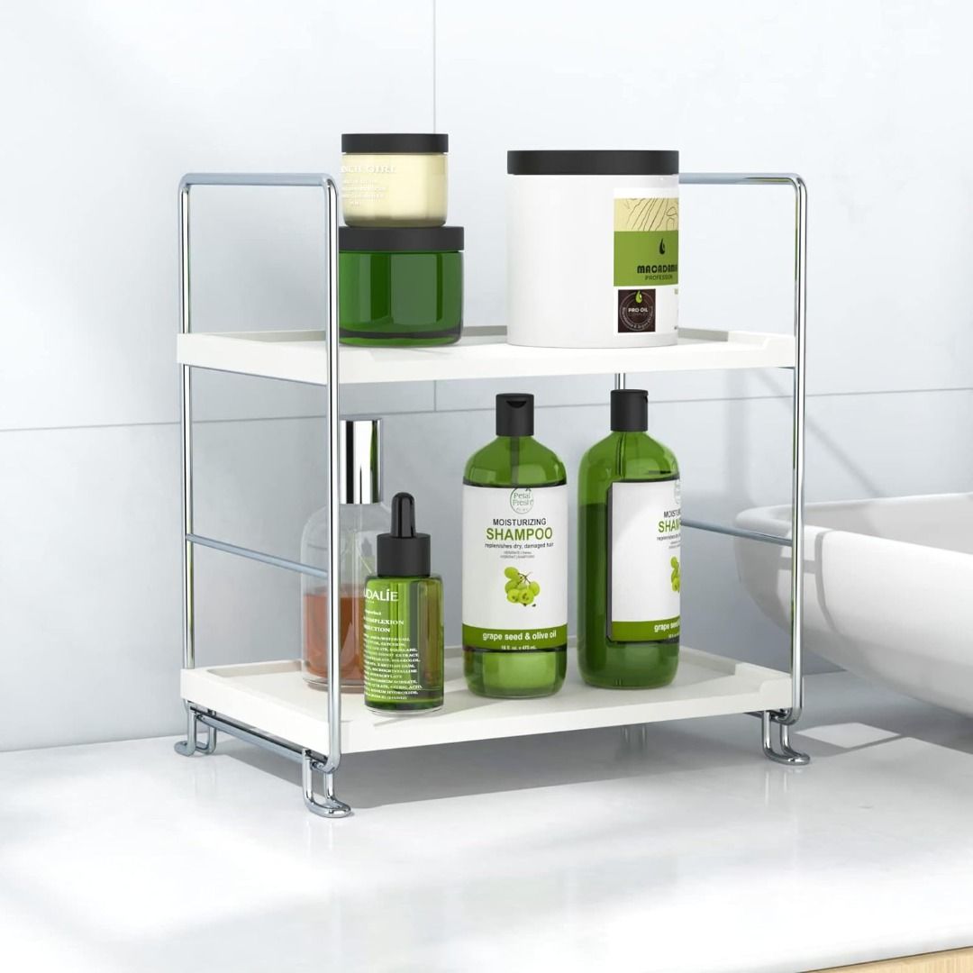 2-Tier Bathroom Countertop Organizer Vanity Tray Cosmetic & Makeup Storage  Kitchen Spice Rack Standing Shelf, White 