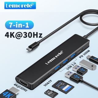 Lemorele TC70 USB C Hub 7-in-1 Aluminum Housing Muti-port Adapter 100W PD 4K HDMI USB 3.0+USB 2.0 SD/TF Suitable for MacBook  iPad  PS4 Steam Deck