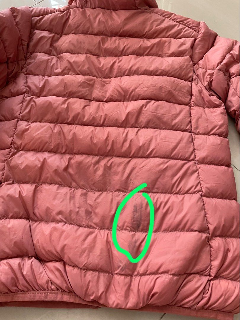 Light down jacket (Category: Babies & Kids Fashion) located in Singapore. Submitted by gc__closet (Listing ID 1256139269, Image 6). Description: Preloved Condition: 8/10 (not for fussy) Ptp: 45cm Length: 56cm Comes with a small little bag to keep the jacket Wear once only Note: 1. Stain at the front and back (refer to picture circled in green ) 2. The drawstring for the bag has some frills. (Refer to picture arrow in green) Top up $2 for normal m