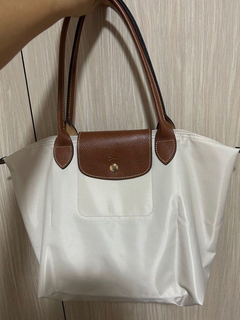Longchamp Le Pliage Medium Beige Paper Cream colour Long handle brown flap tote bag shopper