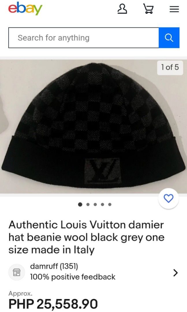 Authentic Louis Vuitton damier hat beanie wool black grey one size
