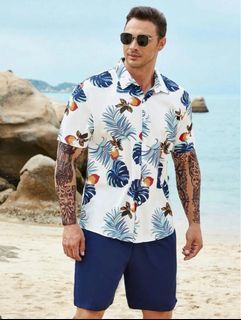 Shein Men Tropical Print Shirt & Drawstring Waist Shorts Set