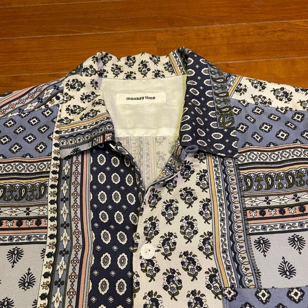 Monkey Time United Arrows 男水藍變形蟲佩斯利圖騰休閒短袖襯衫 日系風格潮流流行穿搭百搭款 M