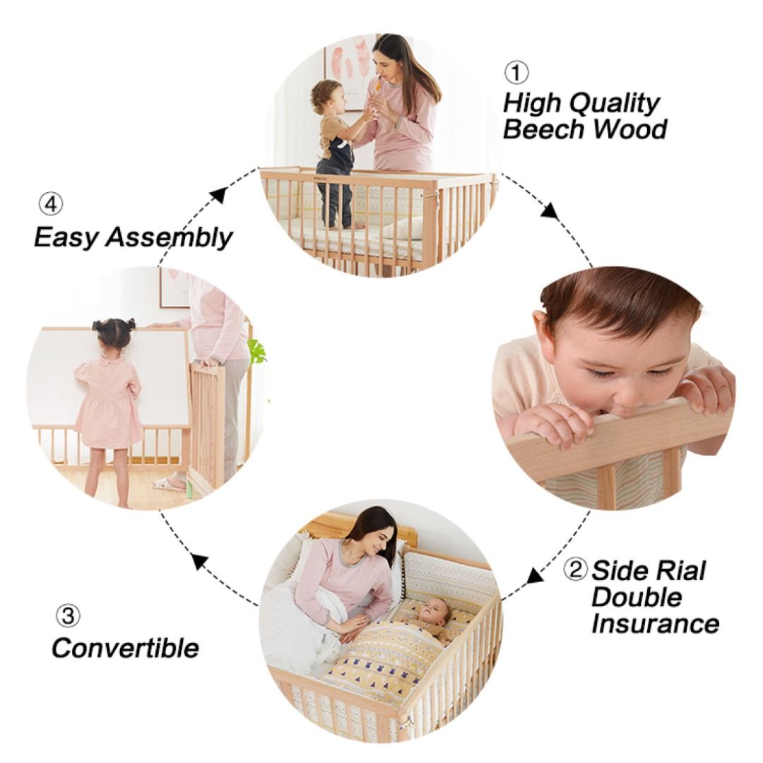 Newborn Baby Cirbs Solid Wood Multifunctional Baby Cots White 012