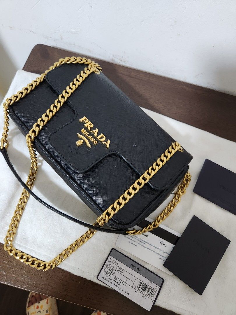 Prada 1BD193 Saffiano Pattina Chain Crossbody Nero 