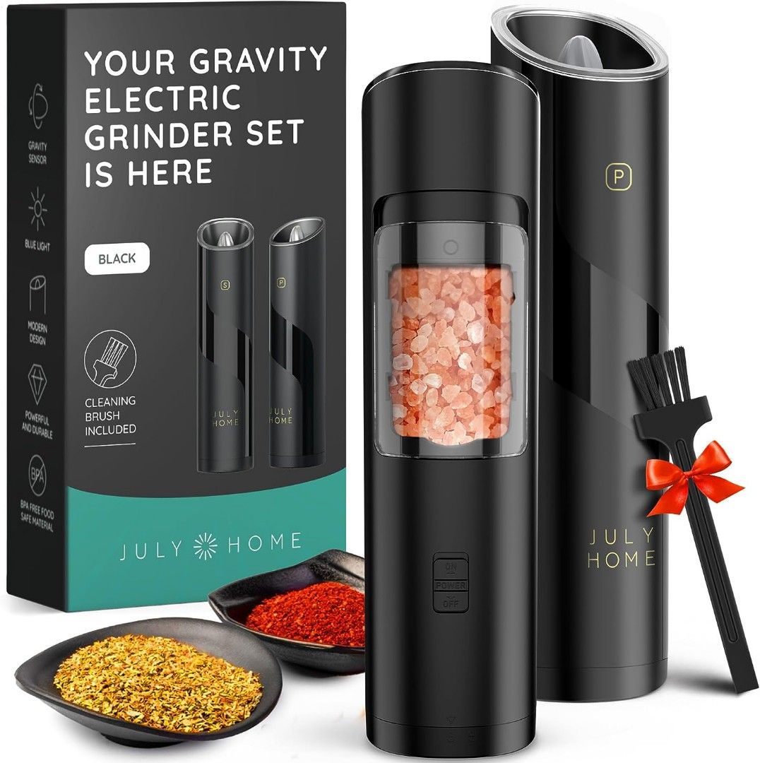 Gravity Electric Salt and Pepper Grinder Set - 2 Pack, Adjustable  Coarseness, One Hand Operation Electric Black Pepper Grinder with LED Light  and