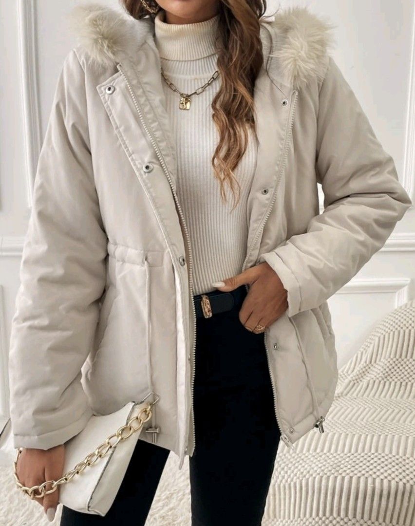 Puffy hooded coat beige Women s Fashion Coats Jackets and