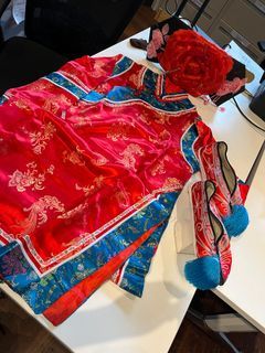 Qing Dynasty Chinese costume set - headgear, shoes and long dress