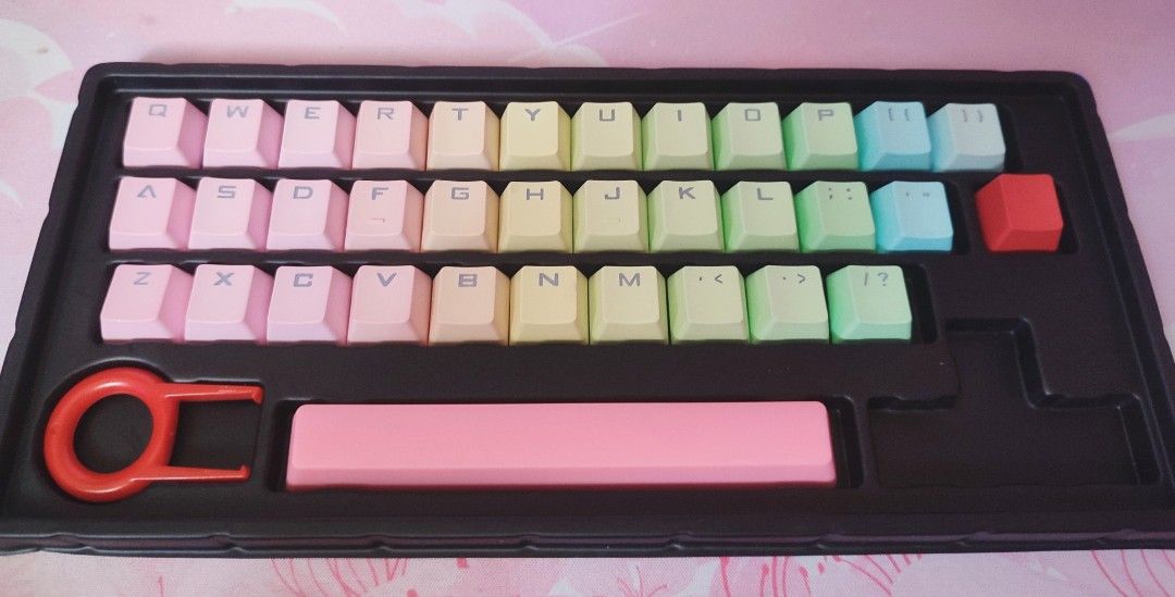 Rainbow keycaps (OEM profile) for 40-60% keyboards (Category: Computer Keyboard) located in Iloilo. Submitted by pastelretro (Listing ID 1256132369, Image 1). Description: Rainbow keycaps (OEM profile) for 40-60% keyboards Get these for only 550. Yan lang included when I got them. I don't remember having the arrow keys included. They look more pastel in actual. RFS: extra keycaps, decluttering.