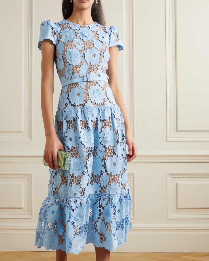 Self Portrait Belted cotton guipure lace midi dress Women s