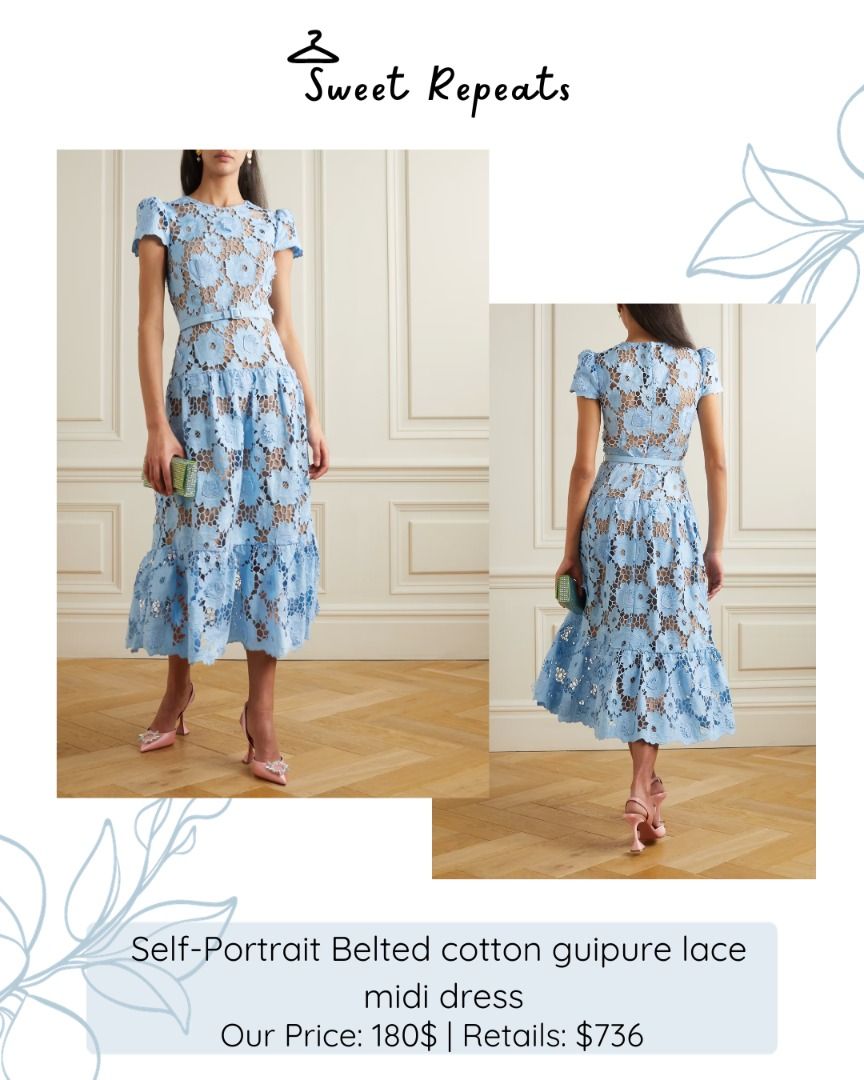 Self Portrait Belted cotton guipure lace midi dress