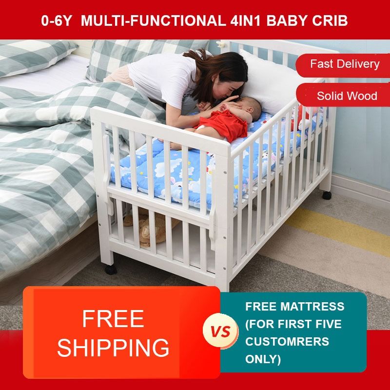 Solid Beech Wooden Baby Cribs White 4in1 Multifunctional Large 115x65cm Kids Bed Extension 0 6Y Baby Cot Newborn Infants Co sleeper
