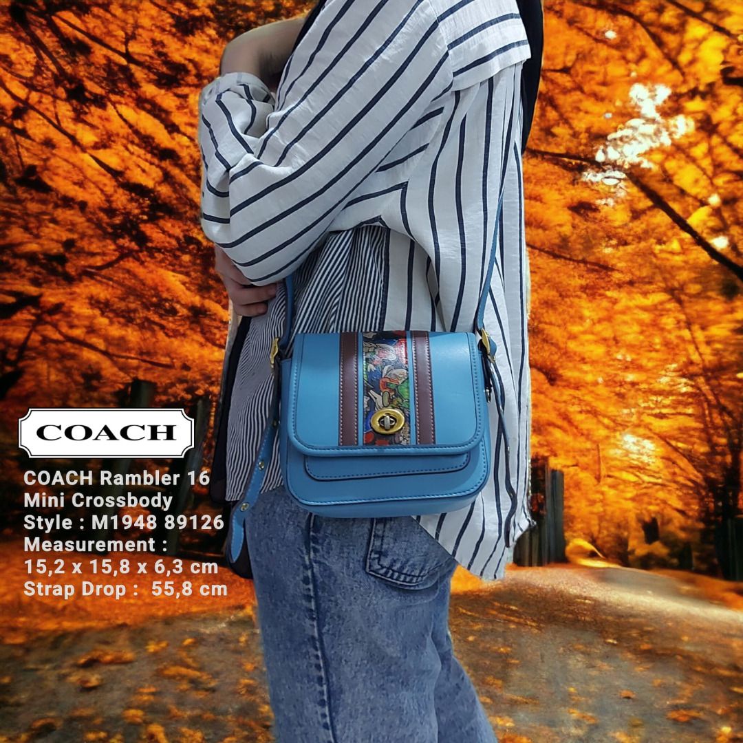 Coach Rambler 16 Mini Crossbody Bag with Varsity Stripe Blue Leather New