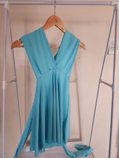 blue dress for baby girl V-Neck Sleeveless Split Tiffany Blue Cross Back Prom/Evening Dress Custom Size / As Picture main image 1