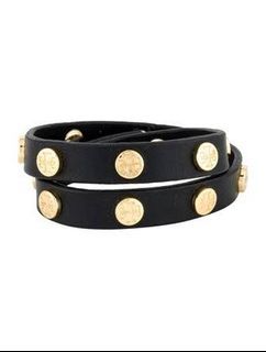 Tory Burch Leather Logo Stud Wrap Bracelet