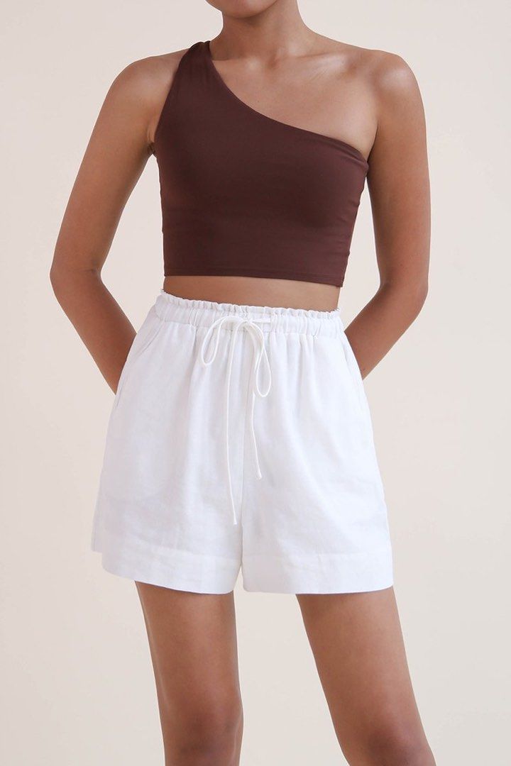 White linen drawstring shorts top