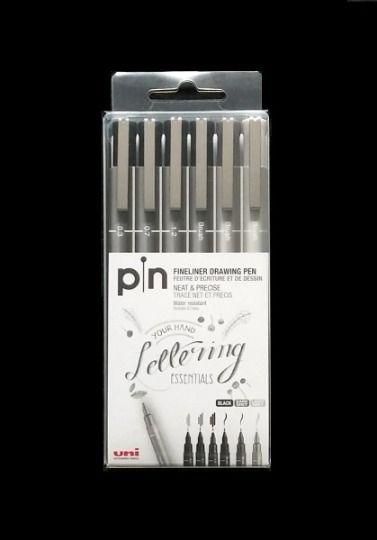 Uni Pin Fineliners, Black & Gray Set of 6