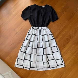 Vintage 1980s B&W Colourblock Geometric Print Midi Dress