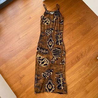 Vintage 1990s Wood Print Strappy Cami MIdi Dress