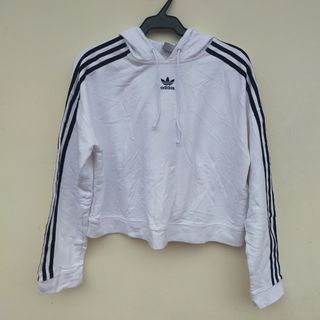 White Adidas Three Stripes Crop top hoodie