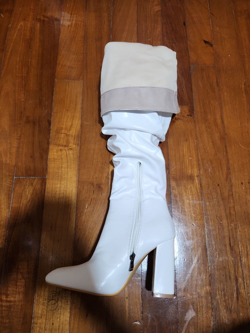 All white thigh top high boots