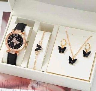 Women Luxury Watch Ring Necklace Earrings Rhinestone Butterfly Fashion Wristwatch Female Casual Ladies Watches Set Clock