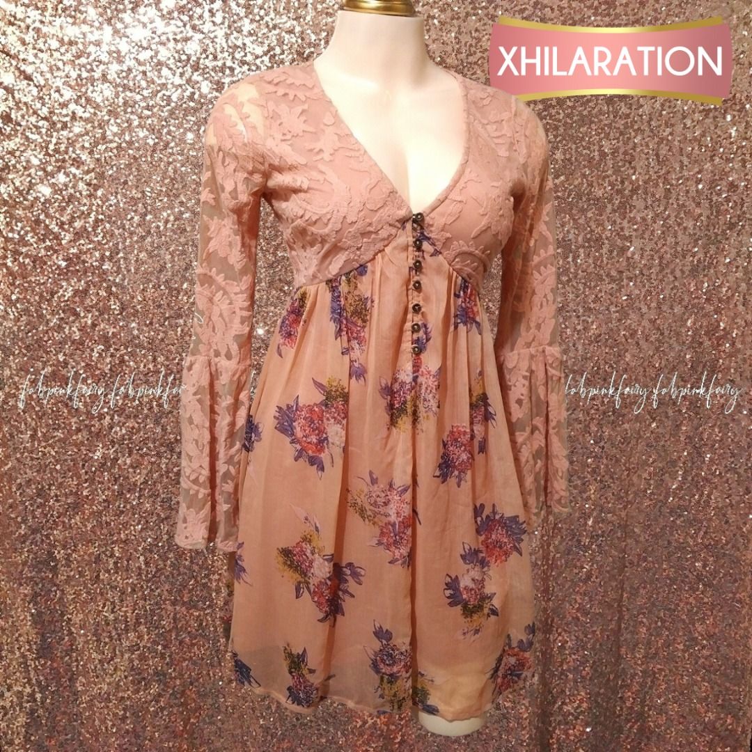 XHILARATION Dress Peach Dress Sexy Dress V neck Dress Floral Dress
