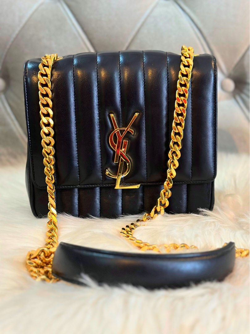 Saint Laurent Grain de Poudre Matelasse Monogram Medium Vicky Chain Bag Dark Beige