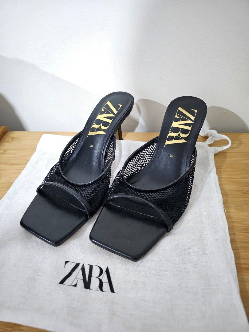 ZARA Black Square Toe Mesh Netted Heel Sandals Size 38