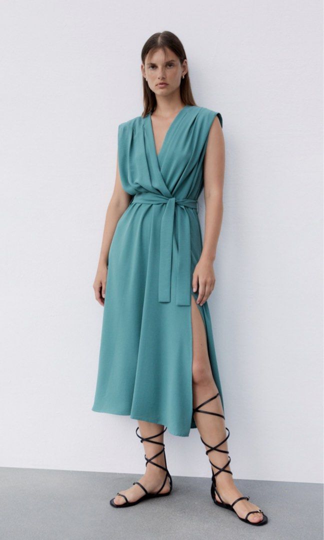 ZARA sea green midi dress with slit, Women's Fashion, Dresses & Sets,  Dresses on Carousell