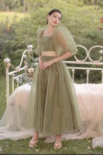 Zoo Label PERLA SET Puff Sleeve Top with Baroque Style High Waist Midi Skirt (Olive Matte Organdy)