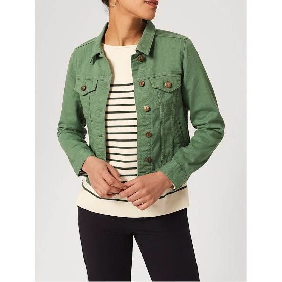 Army Green Denim Jacket (Category: Coats, Jackets and Outerwear) located in Manila. Submitted by marielpatrisha (Listing ID 1256289056, Image 1). Description: 📌Thick denim material 📌Bronze buttons 📌Comes with two side pockets.