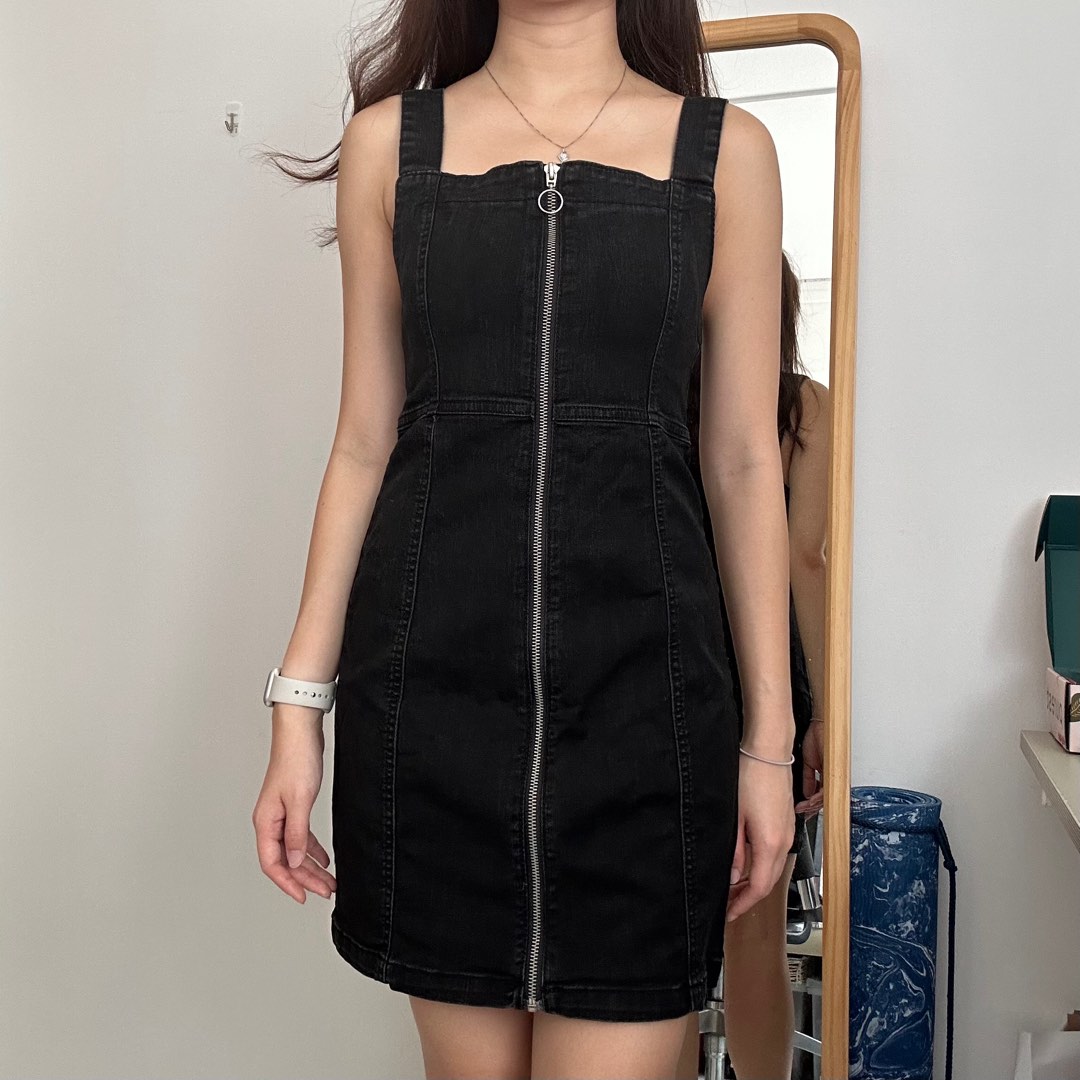 Black zip up denim dress top