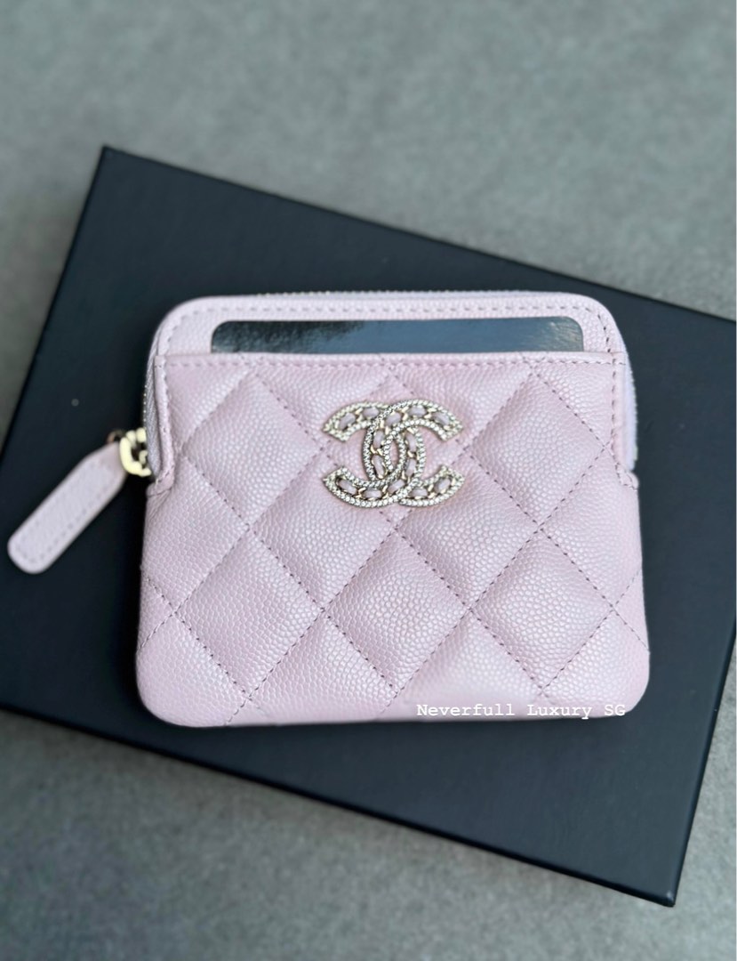 CHANEL Caviar Quilted Crystal Zip Card Holder Wallet Light Pink