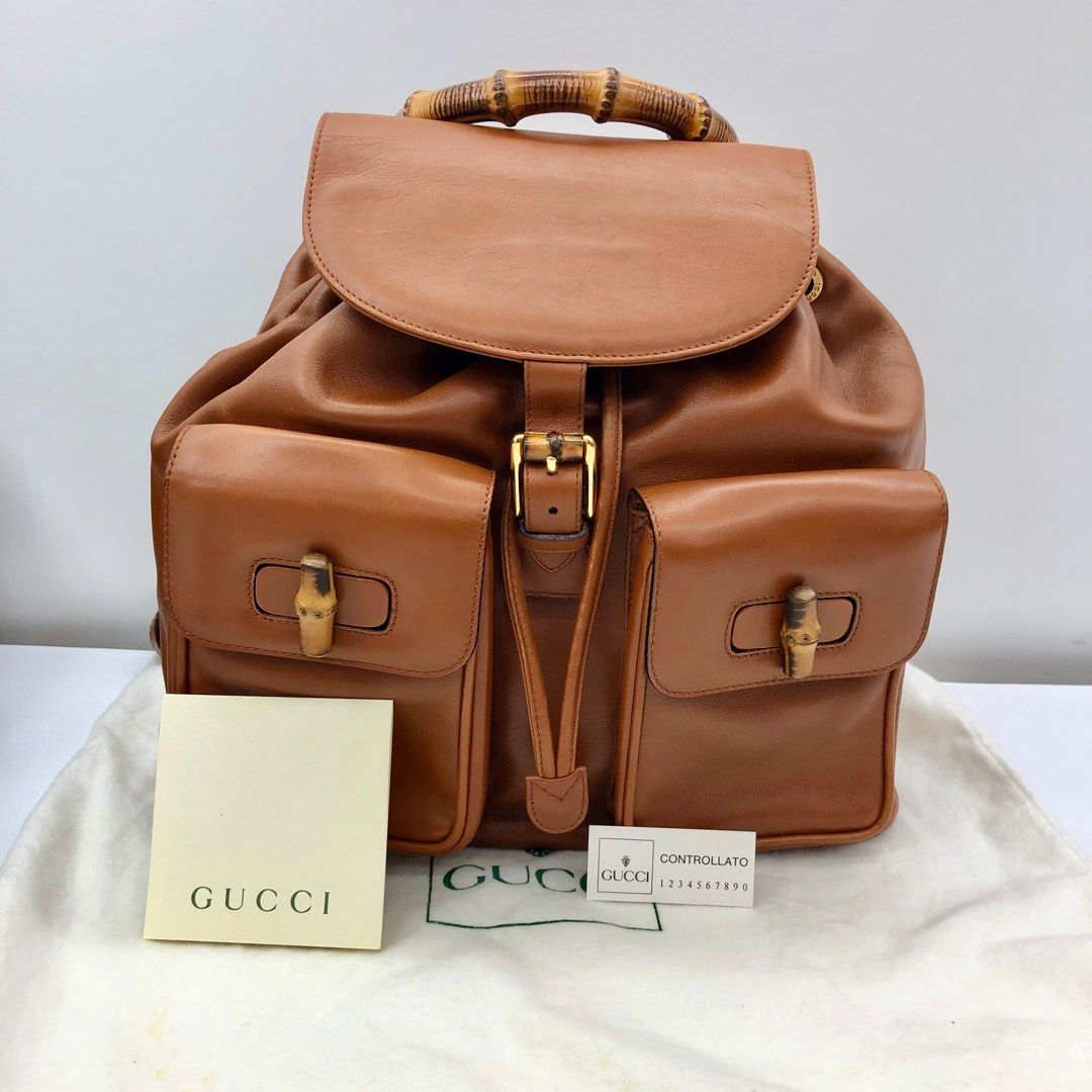 GUCCI 003.2058 BROWN PIG SKIN LEATHER BAMBOO BACKPACK 237031530
