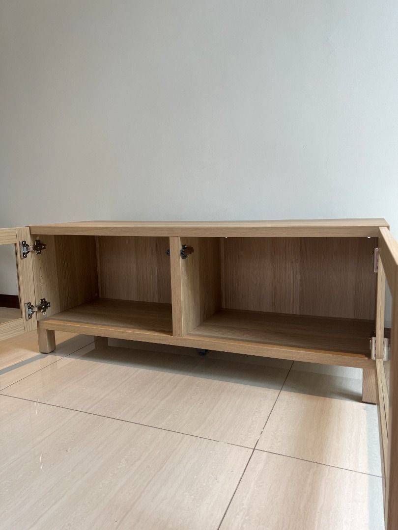 IKEA Besta Cabinet TV Console Table Storage Shelf with Glass Doors in White Stained Oak Look Effect includes frame glass doors 4 legs 1