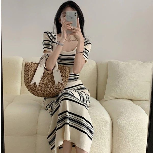 Knitted square neck dress Women s summer casual striped long skirt