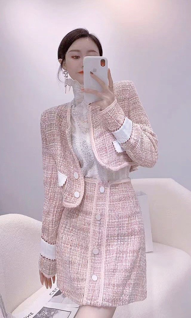 light pink tweed set jacket and skirt Women s Fashion Dresses