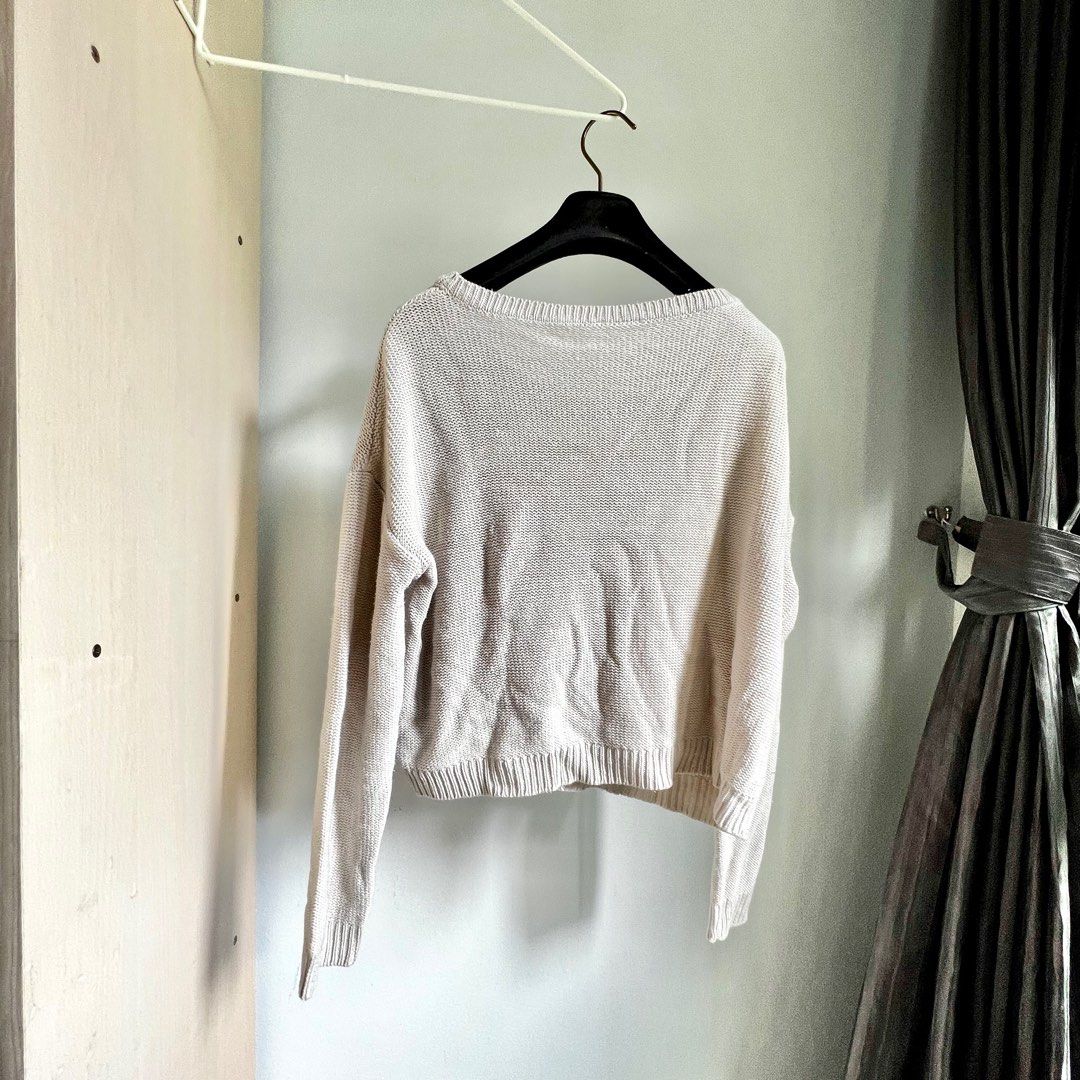 Long Sleeve Loose Crop Knit Sweater White Ivory Boat Neck Women s