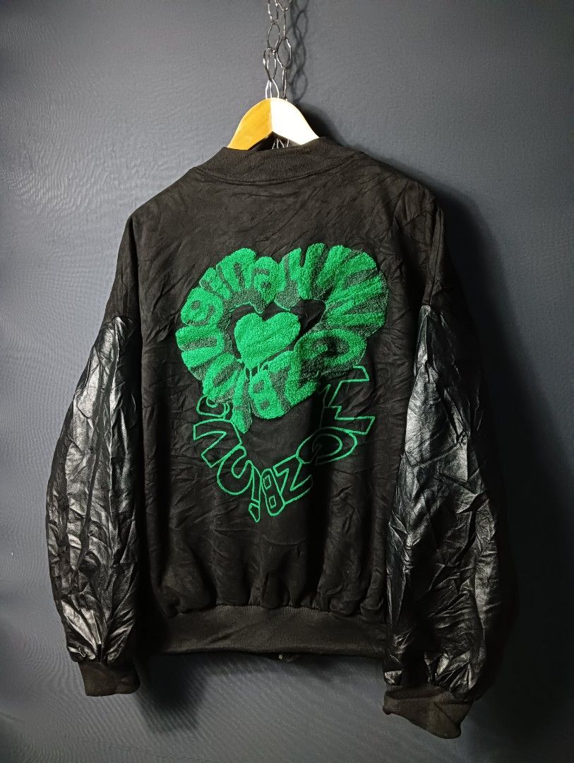 Majesda® - Embroidered Lettering PU Leather Varsity Jacket